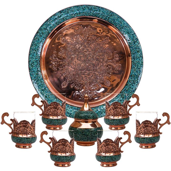 سرویس چای خوری 8 پارچه فیروزه کوبی زمینه مس اثر استاد حسینی مدل 366311